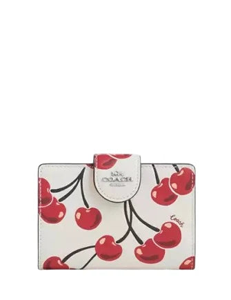 Coach Medium Corner Zip Wallet With Cherry Print in Chalk Multi with signature coated canvas and cherry design