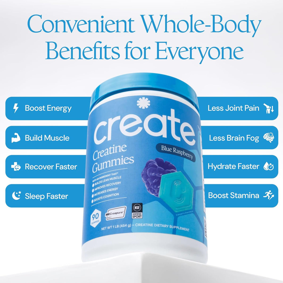 Create Creatine Monohydrate Gummies for Men & Women, Boost Focus, Strength, and Endurance, Anti-Melting Formula, Vegan, Gluten-Free, Non-GMO, 1.5g of