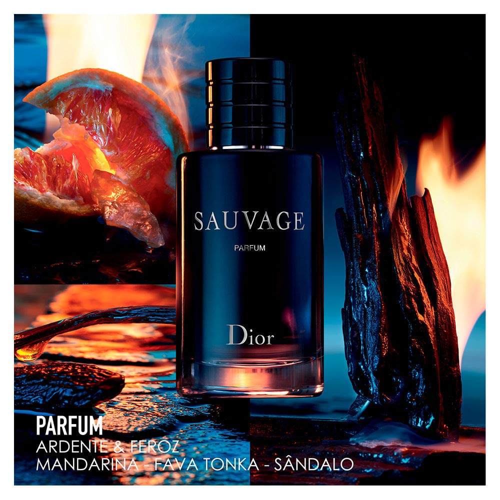 Dior Sauvage parfum bottle with fiery background
