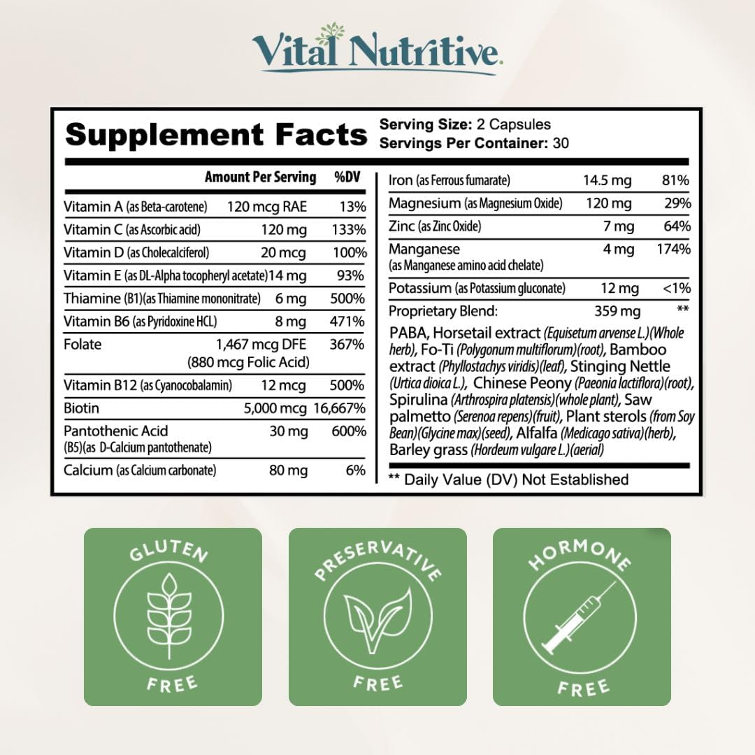 VITAL NUTRITIVE Vital Hair Complex – Biotin & Vitamin B Hair Vitamins for Women & Men – Supports Healthy Hair, Skin & Nails – Hormone