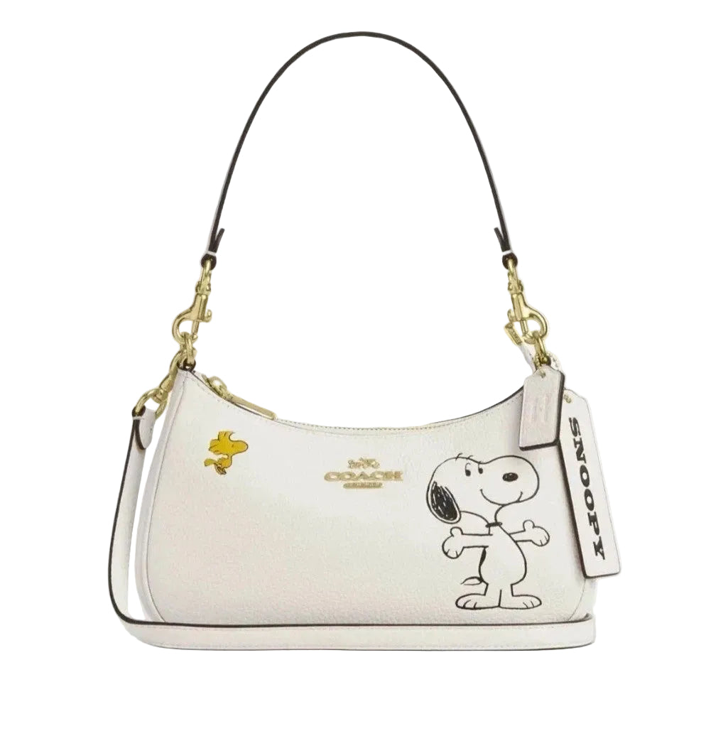 Coach x Peanuts Teri Shoulder Bag in Chalk White featuring Snoopy and Woodstock character design