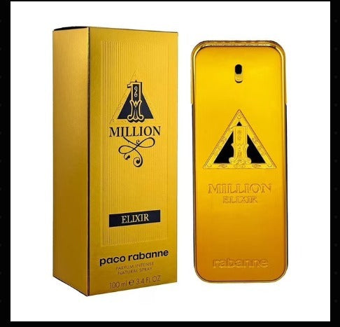 Paco Rabanne Million Elixir perfume shown with its gold box and matching rectangular bottle on a white background.